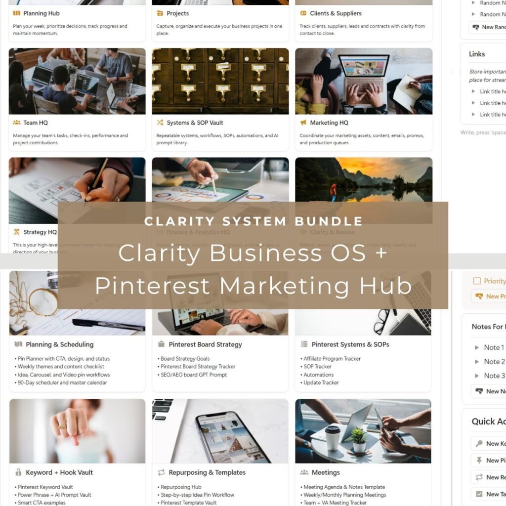 Clarity Business OS and Pinterest Marketing Hub Notion Templates System