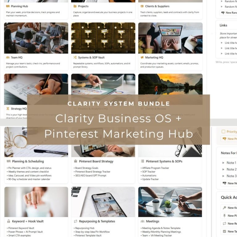 Clarity Business OS and Pinterest Marketing Hub Notion Templates System